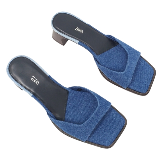 ZARA denim square toe heeled sandal slide